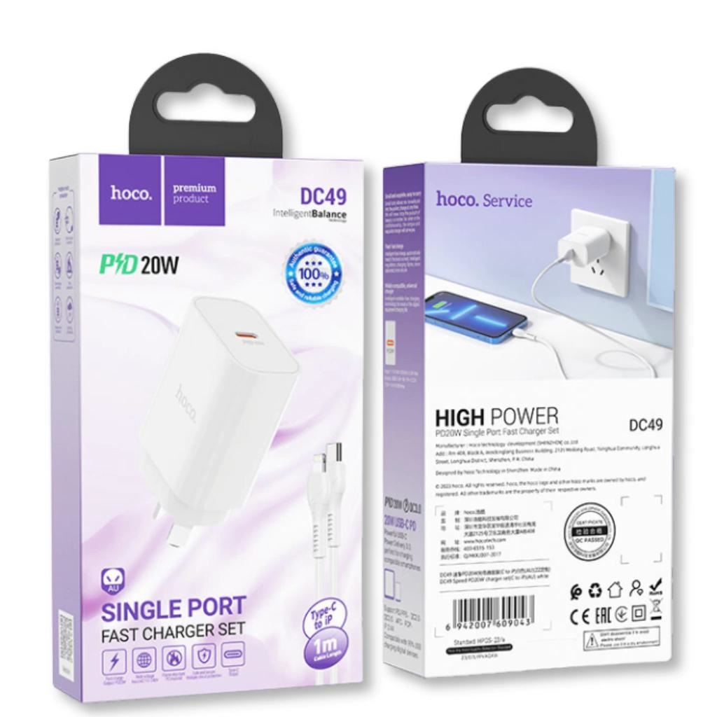 Cargador de celular Iphone HOCO DC49 20W + CABLE TIPO C a LIGHTNING