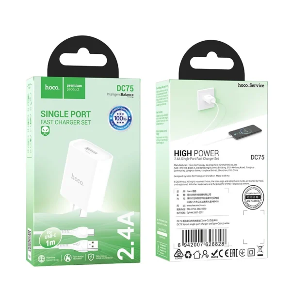 Cargador de celular Iphone HOCO DC75 2.4 A + CABLE TIPO Usb A a C