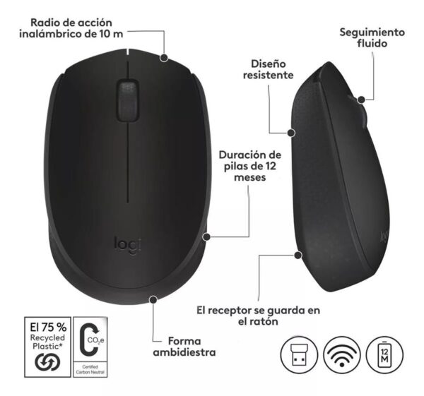 Mouse Inalámbrico Logitech M170 Black USB Optico